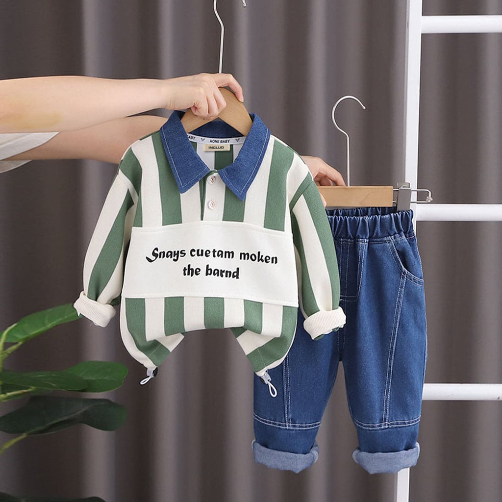 Boys Green Striped Long Sleeves Polo T-shirt With Denim Jeans Set Sets Green 1-2 Y 