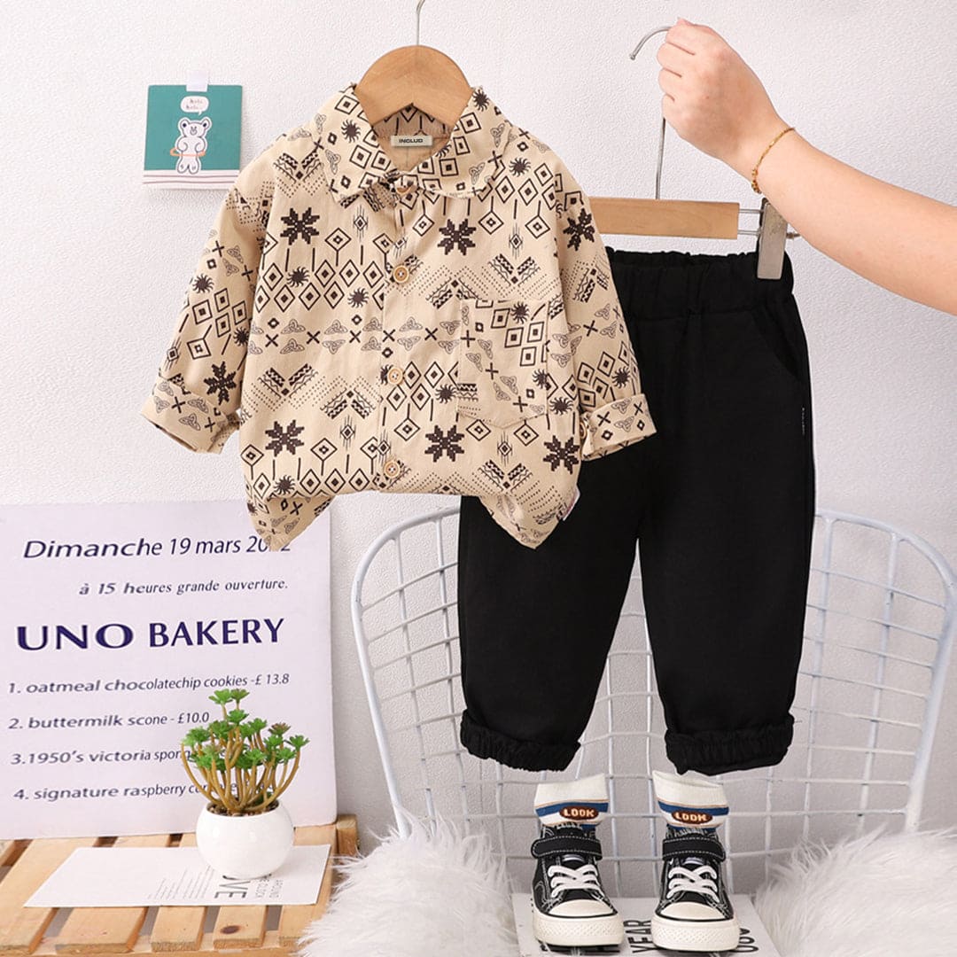 Boys Long Sleeve Printed Shirt With Black Pants Set Sets Black 1-2 Y 