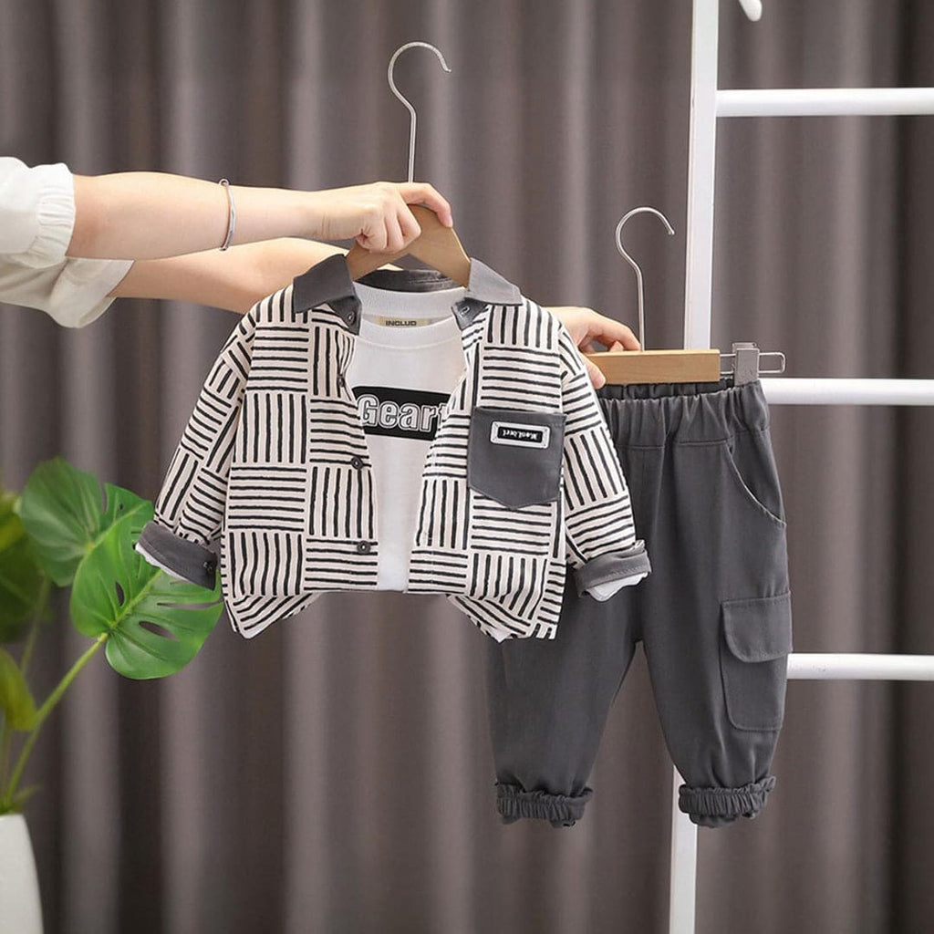 Boys Grey Striped Shirt With Long Sleeves T-Shirt and Trouser Set Sets Gray 1-2 Y 