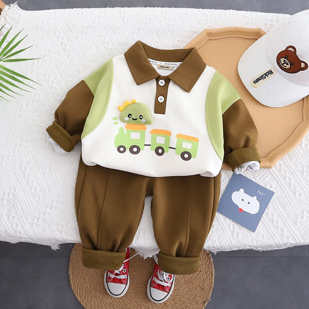 Boys Brown Polo Neck Train Print Sweatshirt With Pants Set Sets Brown 1-2 Y 