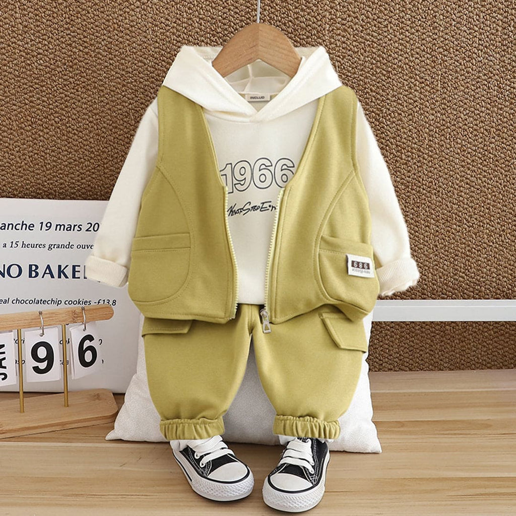 Boys Sleeveless Yellow Sweatshirt With Hooded T-Shirt & Pants Set Sets Yellow 1-2 Y 