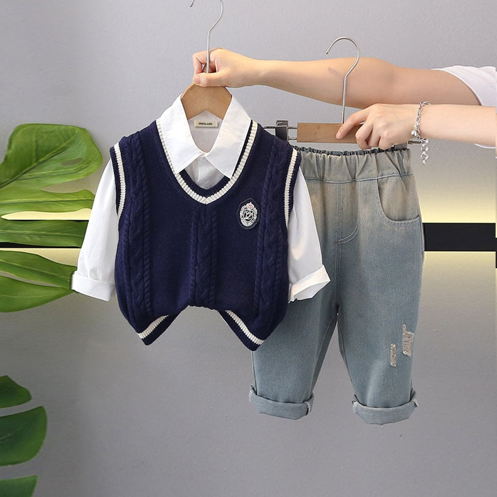 Boys Blue Sweater With Long Sleeve Shirt and Denim Jeans Set Sets Blue 1-2 Y 