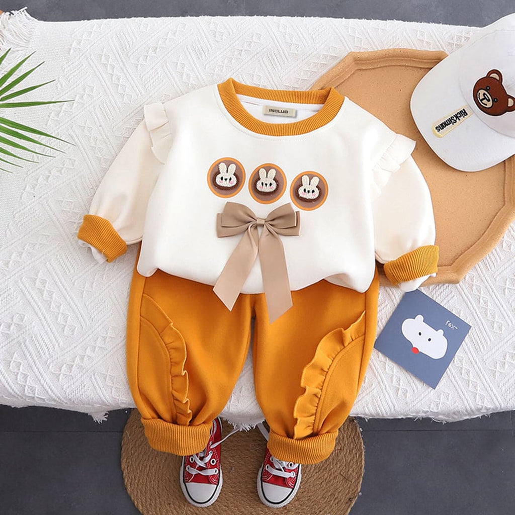 Girls Orange Bow Applique Sweatshirt With Elasticated Trouser Set Sets Orange 1-2 Y 