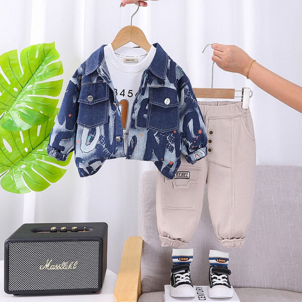 Boys White Printed T-Shirt With Printed Denim Jacket and Trouser Set Sets White 1-2 Y 