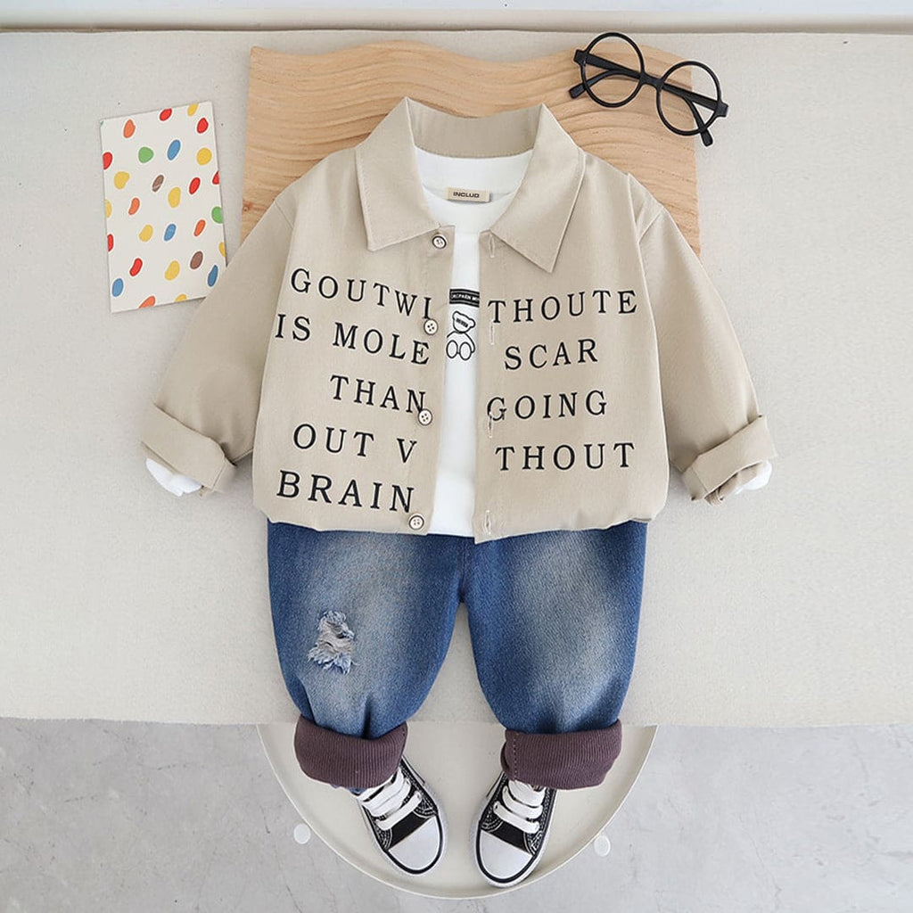 Boys Typography Print Khaki Shirt With T-Shirt & Denim Jeans Set Sets Khaki 1-2 Y 