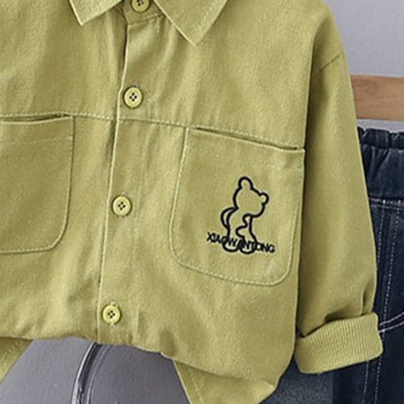 Boys Green Long Sleeves Shirt With Distress Denim Jeans Set Sets   