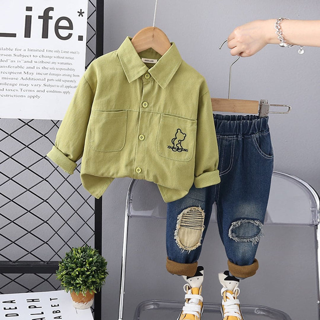 Boys Green Long Sleeves Shirt With Distress Denim Jeans Set Sets Green 1-2 Y 