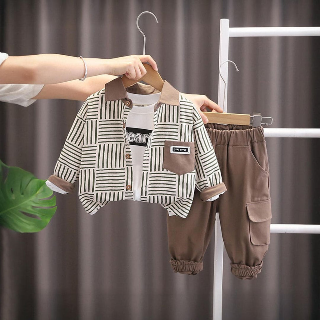 Boys Brown Striped Shirt With T-Shirt & Trouser Set Sets Brown 1-2 Y 