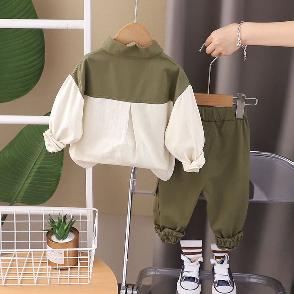 Boys Green Colorblocked Shirt With Jogger Set Sets   
