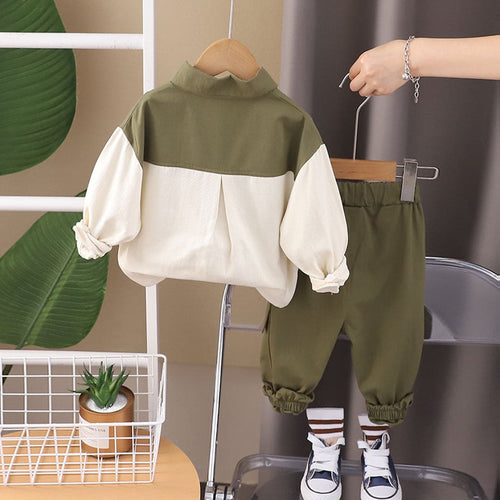Boys Green Colorblocked Shirt With Jogger Set Sets   