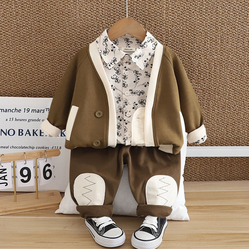 Boys Front Open Light Brown Sweatshirt With Printed Shirt & Pants Set Sets Light Brown 1-2 Y 