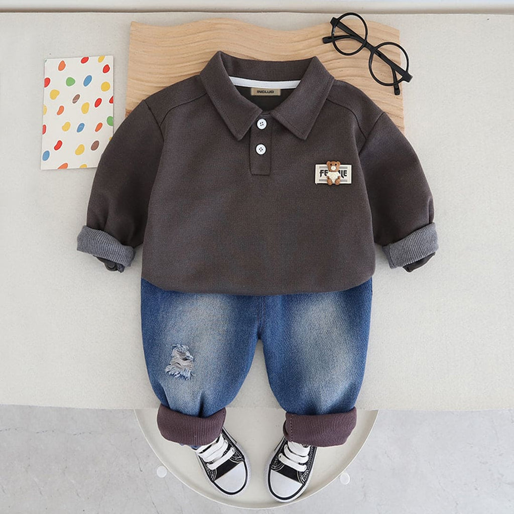 Boys Brown Long Sleeves T-Shirt With Denim Jeans Set Sets Brown 1-2 Y 