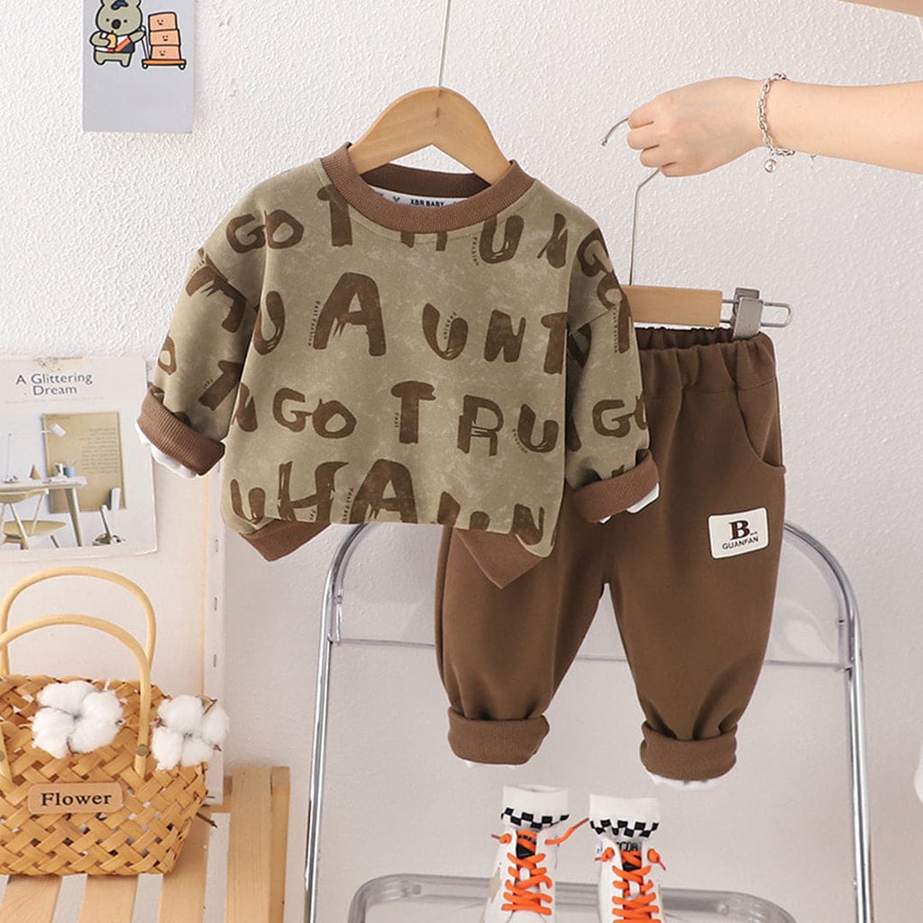 Boys Brown Printed Long Sleeves Sweatshirt With Trouser Set Sets Brown 1-2 Y 