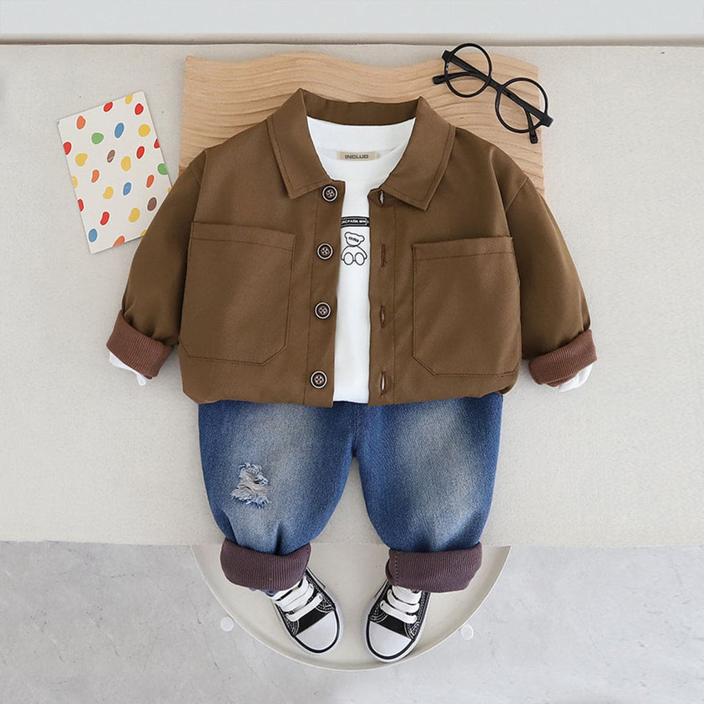 Boys Long Sleeves Shirt With Denim Jeans Set Sets Brown 1-2 Y 