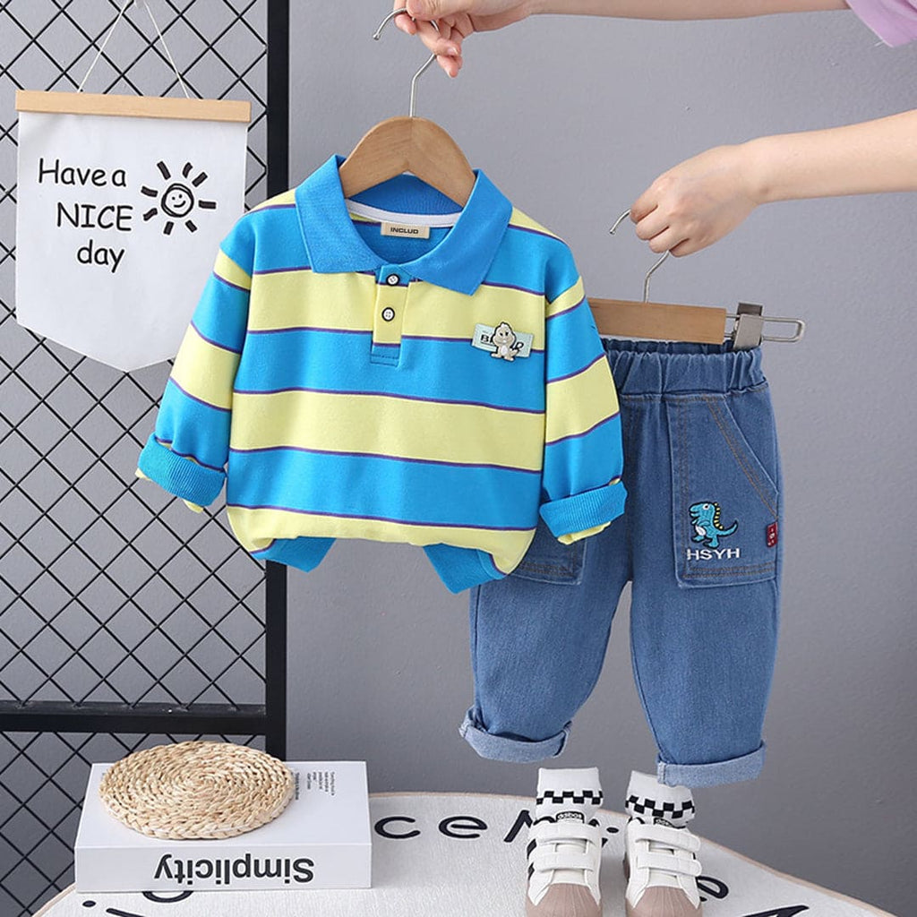 Boys Blue Striped Polo T-Shirt With Denim Jeans Set Sets Blue 1-2 Y 