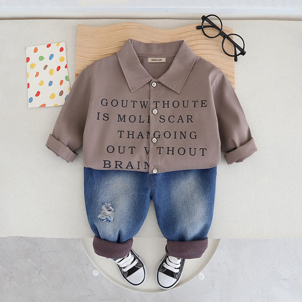 Boys Brown Printed Long Sleeves Shirt With Denim Jeans Set Sets Brown 1-2 Y 