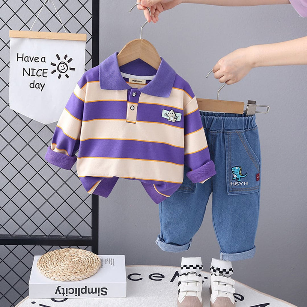 Boys Purple Striped Polo T-Shirt With Denim Jeans Set Sets Purple 1-2 Y 