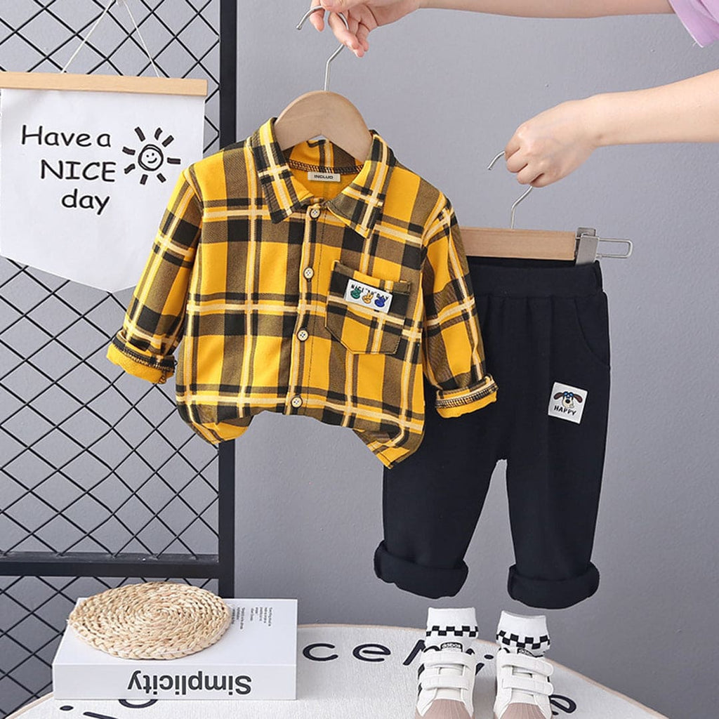 Boys Yellow Check Shirt With Trouser Set Sets Yellow 1-2 Y 