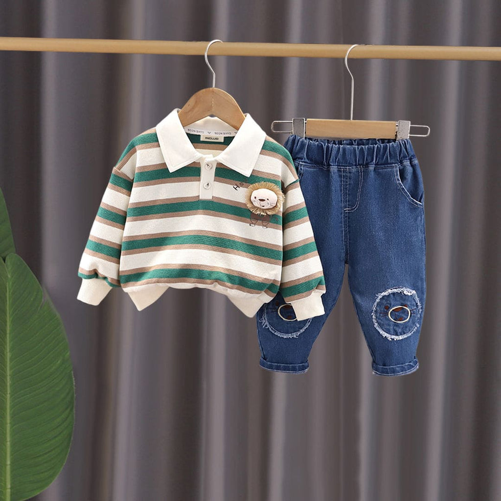 Boys Green Striped Polo T-Shirt With Denim Jeans Set Sets Green 1-2 Y 