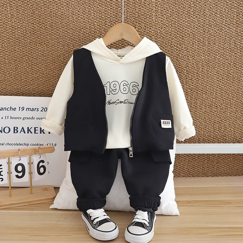 Boys Sleeveless Black Sweatshirt With Hooded T-Shirt & Pants Set Sets Black 1-2 Y 