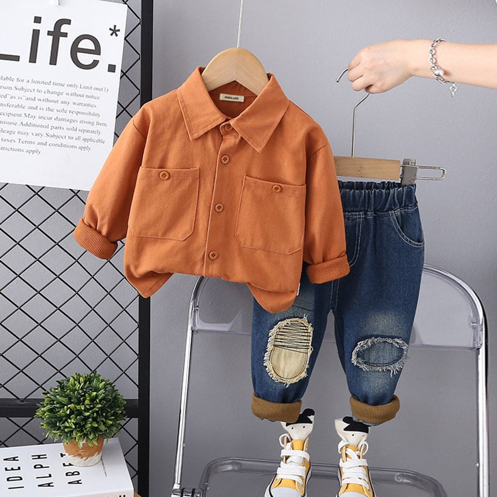 Boys Orange Patch Pocket Shirt With Denim Jeans Set Sets Orange 1-2 Y 