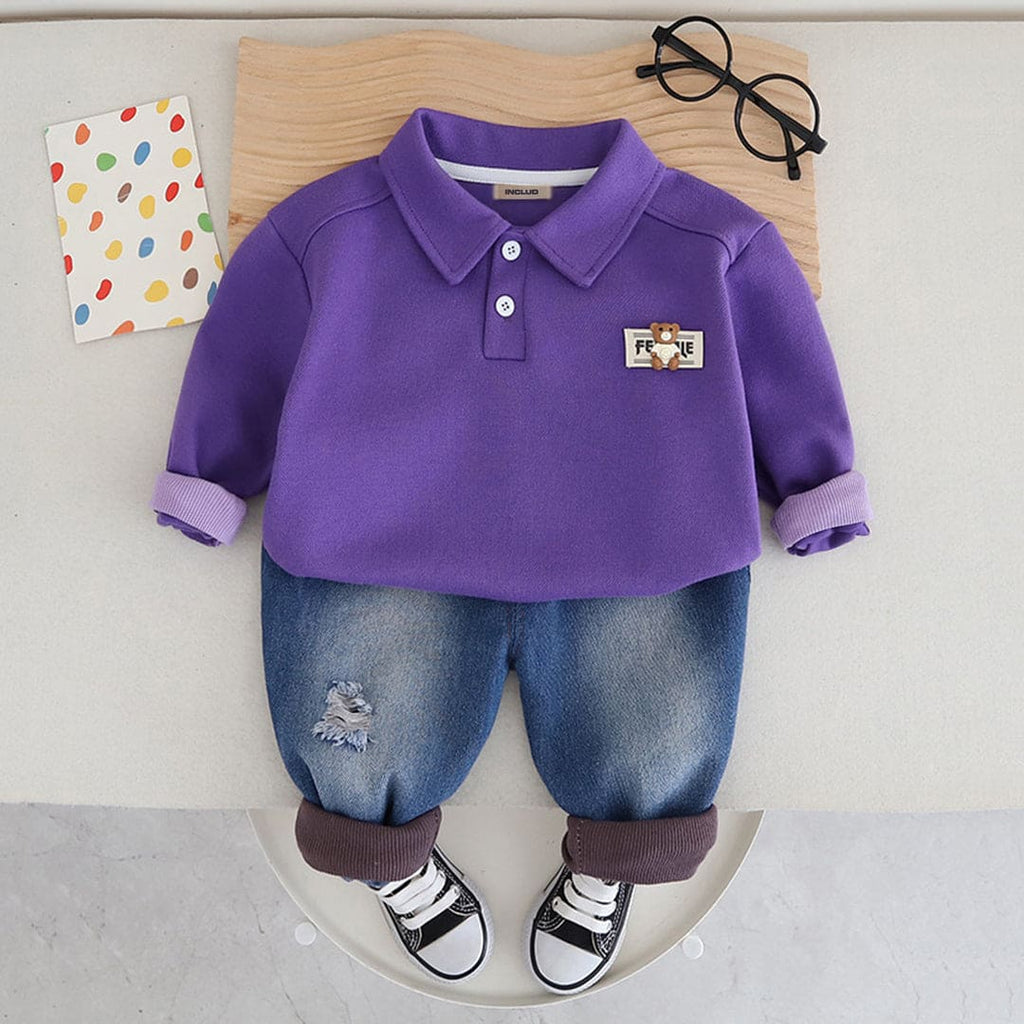 Boys Purple Long Sleeves T-Shirt With Denim Jeans Set Sets Purple 1-2 Y 