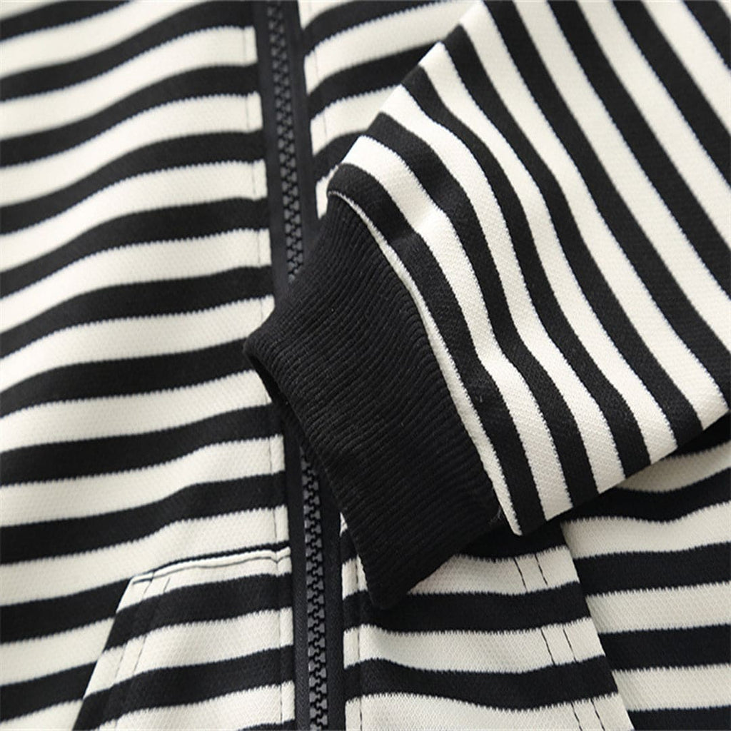 Boys Black Striped Long Hooded Sweatshirt With Denim Trouser Set Sets   