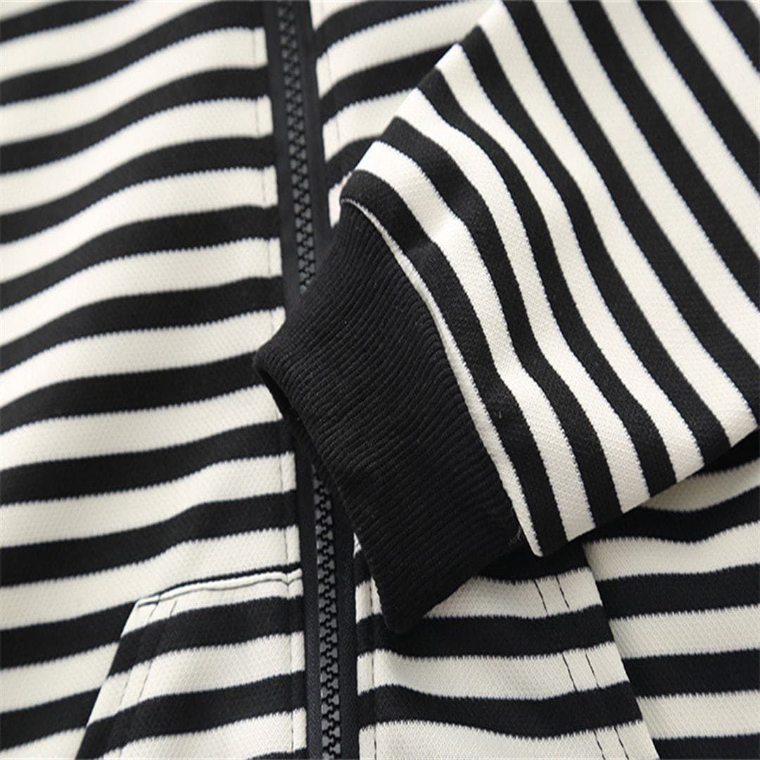 Boys Black Striped Long Hooded Sweatshirt With Denim Trouser Set Sets   