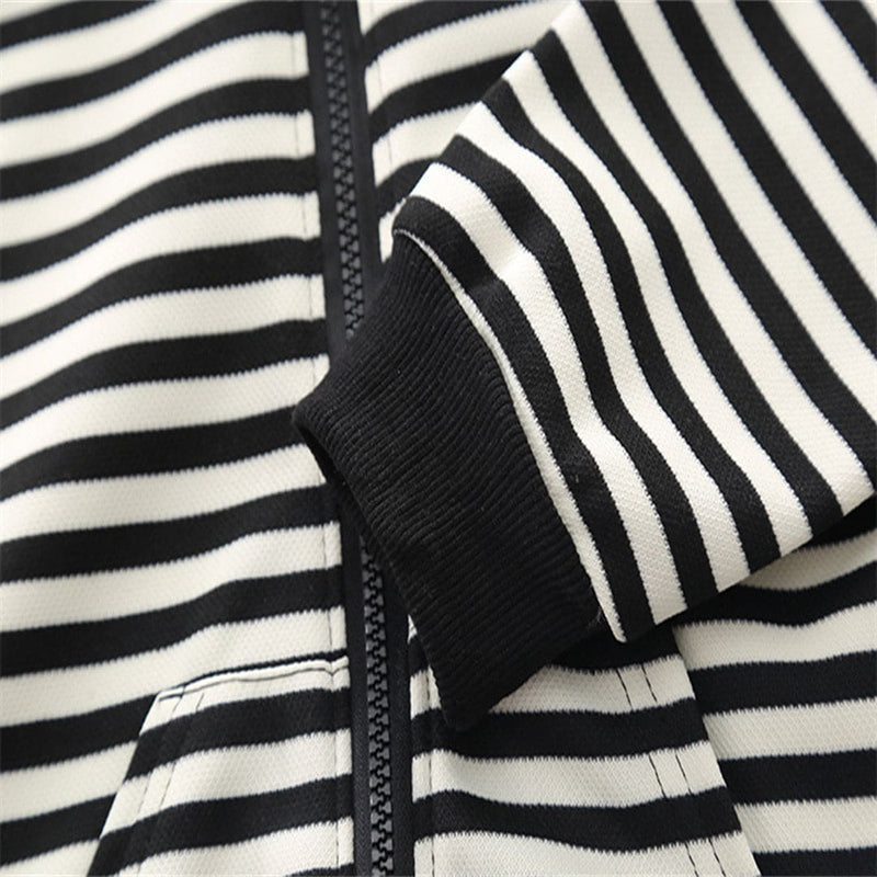Boys Black Striped Long Hooded Sweatshirt With Denim Trouser Set Sets   