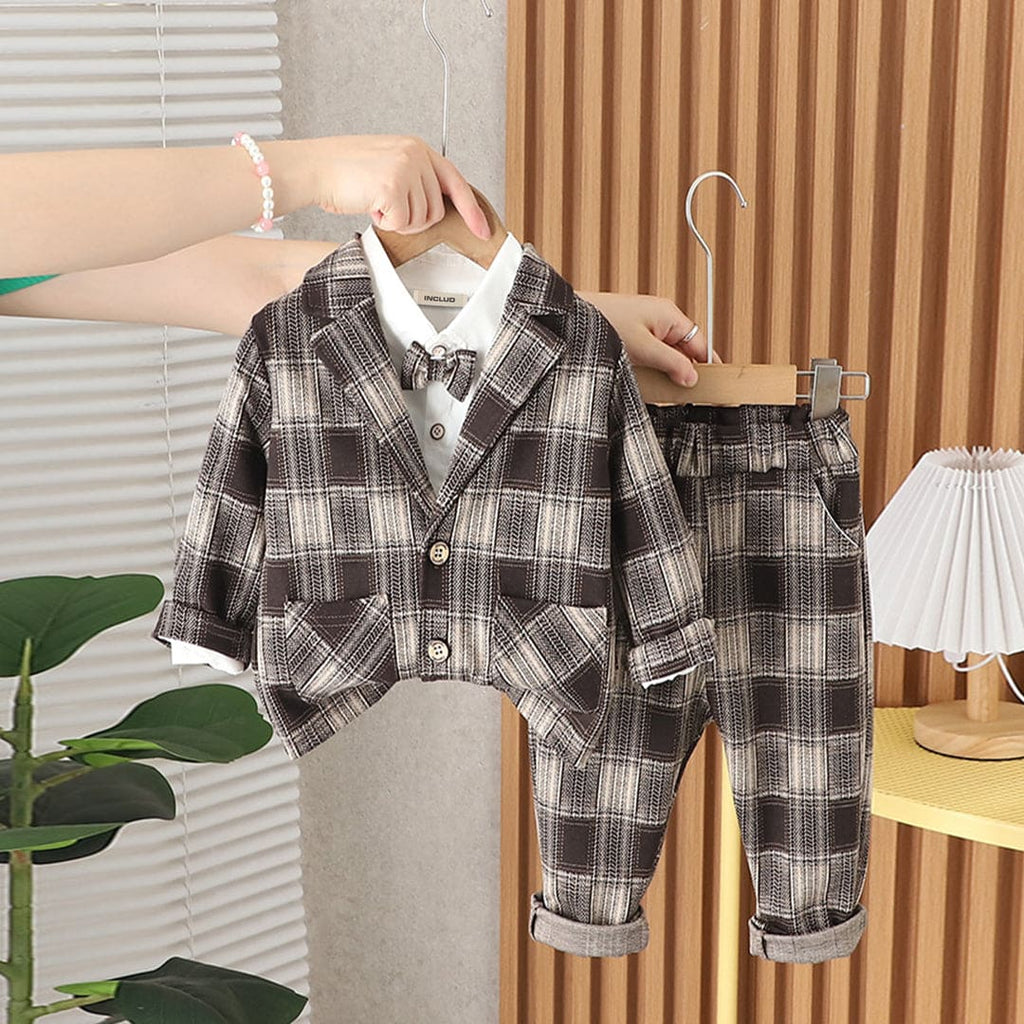 Boys Lapel Brown Plaid Jacket With Shirt & Pants Set Sets Brown 1-2 Y 