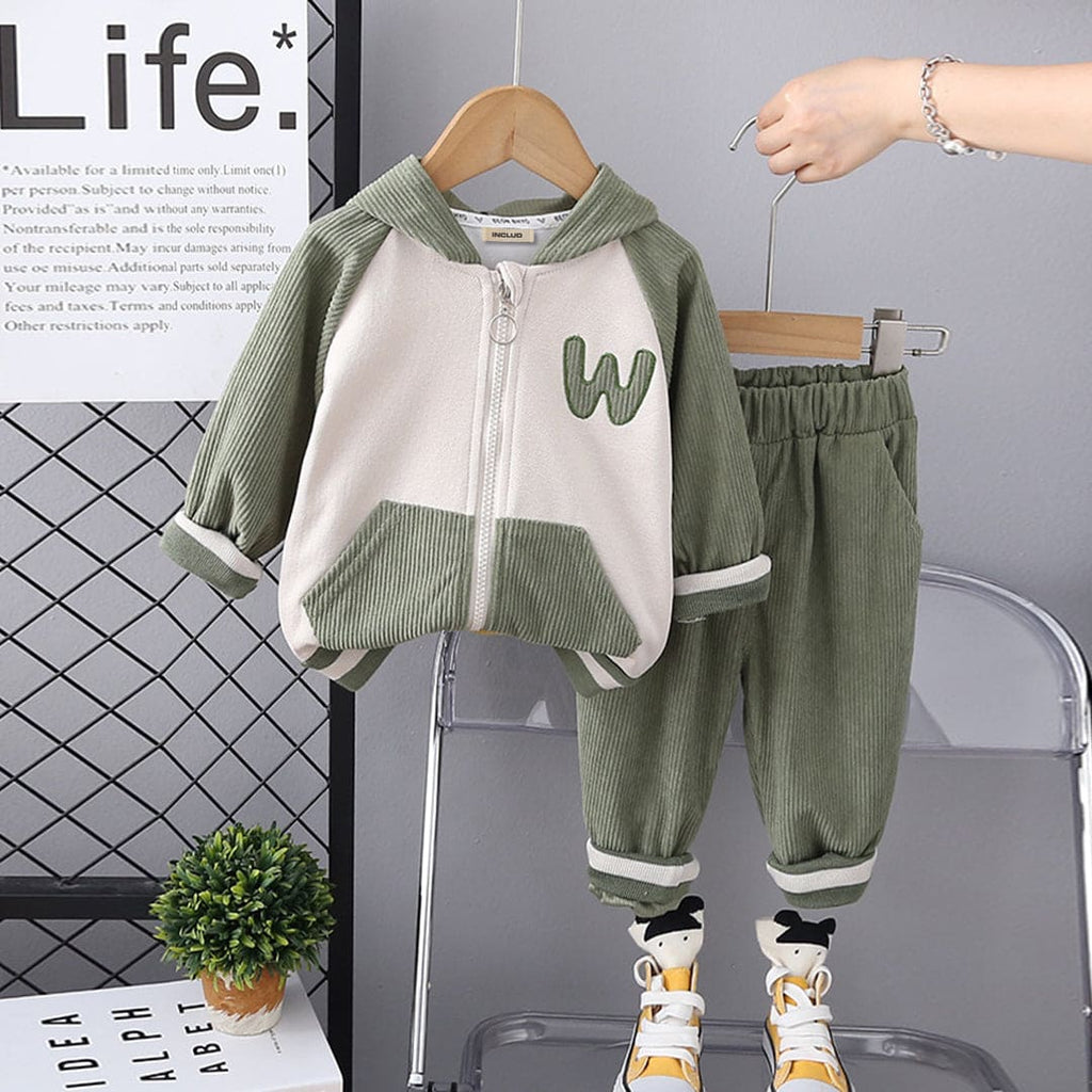 Boys Green Front Open Sweatshirt With Corduroy Pants Set Sets Green 1-2 Y 