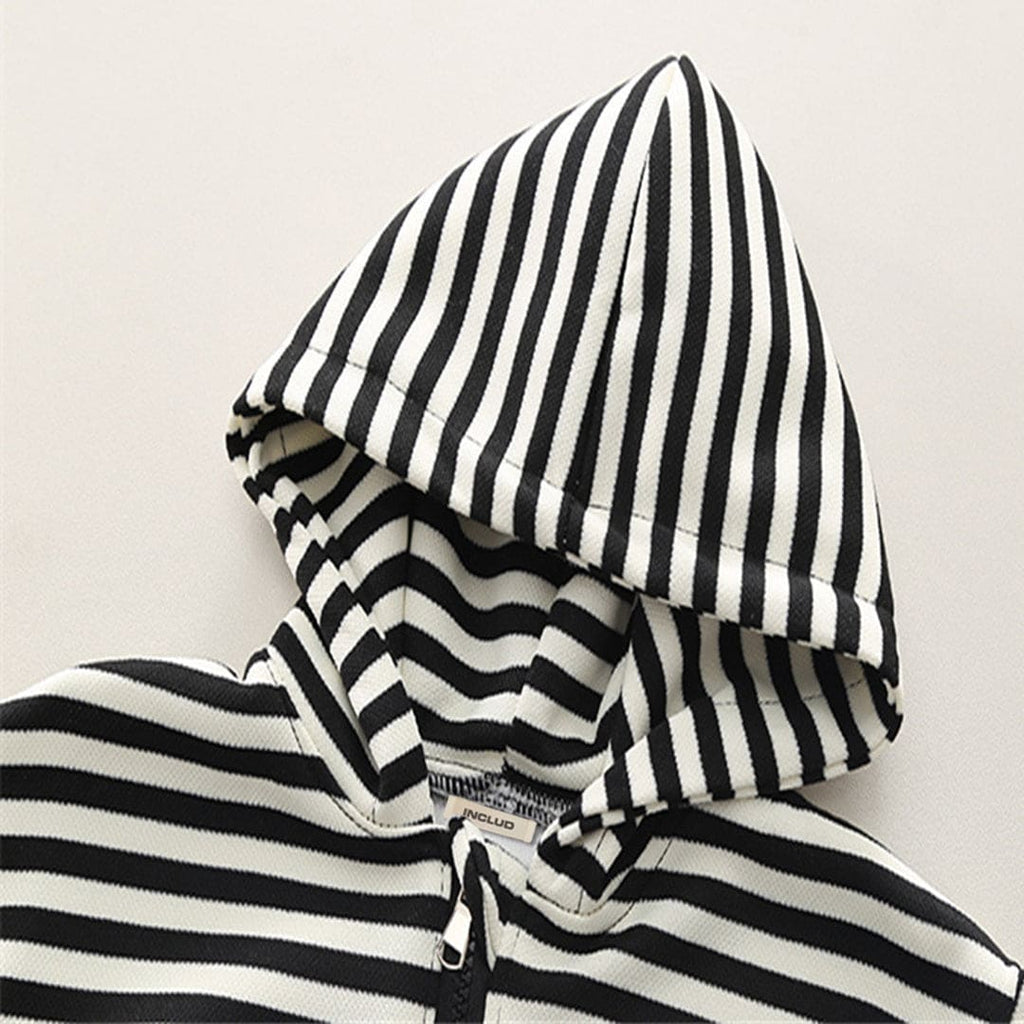 Boys Black Striped Long Hooded Sweatshirt With Denim Trouser Set Sets   