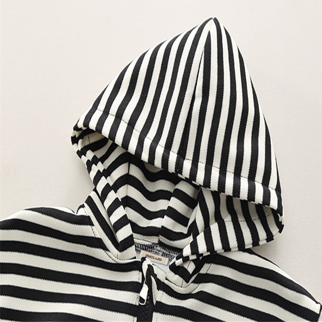 Boys Black Striped Long Hooded Sweatshirt With Denim Trouser Set Sets   