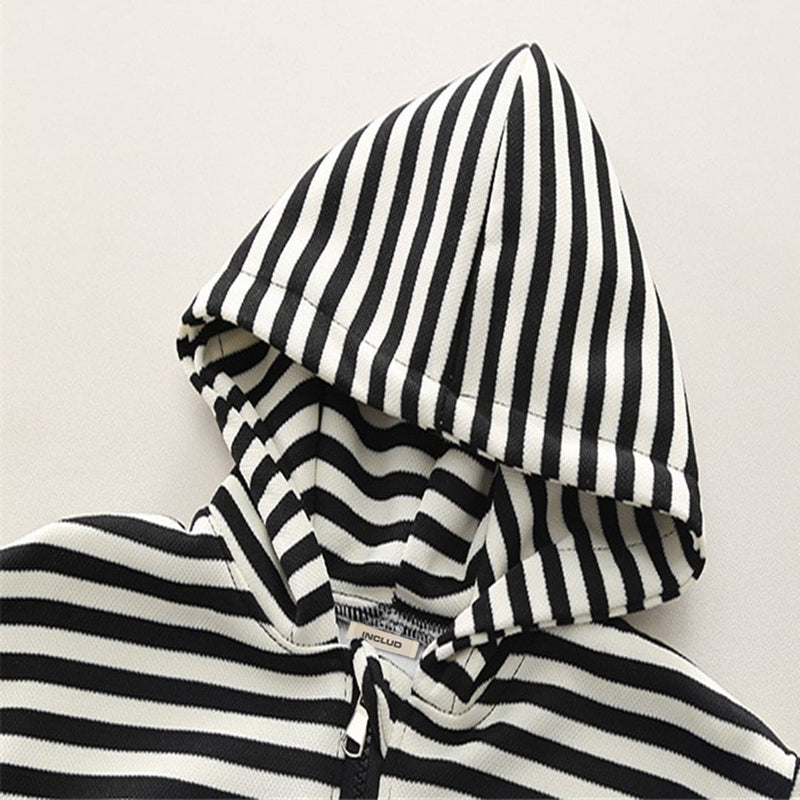 Boys Black Striped Long Hooded Sweatshirt With Denim Trouser Set Sets   