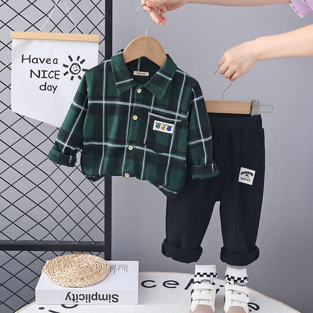 Boys Green Check Shirt With Trouser Set Sets Green 1-2 Y 