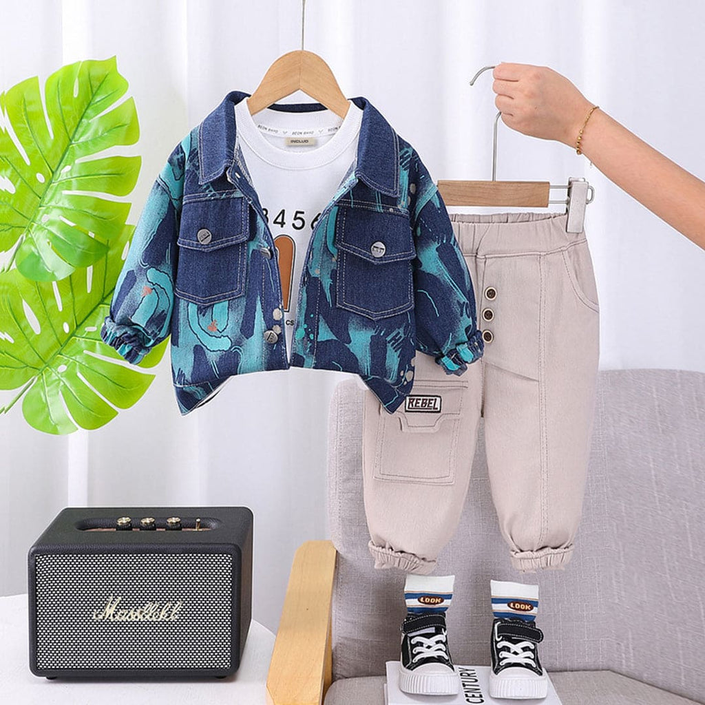 Boys Green Printed Denim Jacket With T-Shirt & Trouser Set Sets Green 1-2 Y 