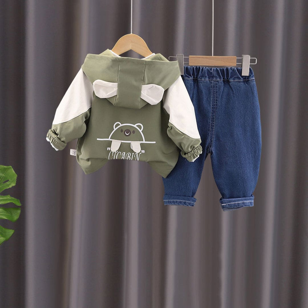 Boys Long Sleeve Green Hooded Jacket With T-Shirt & Jeans Set Sets Green 1-2 Y 