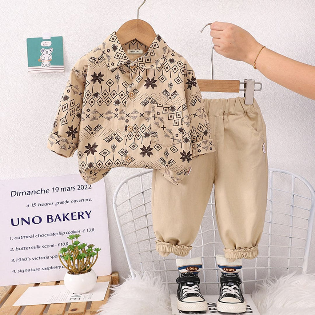 Boys Long Sleeve Printed Shirt With Khaki Pants Set Sets Khaki 1-2 Y 