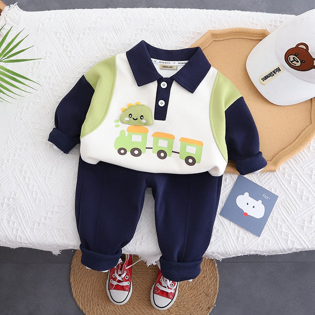 Boys Navy Polo Neck Train Print Sweatshirt With Pants Set Sets Navy 1-2 Y 