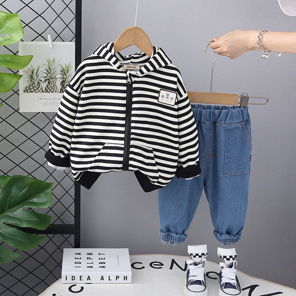 Boys Black Striped Long Hooded Sweatshirt With Denim Trouser Set Sets Black 1-2 Y 