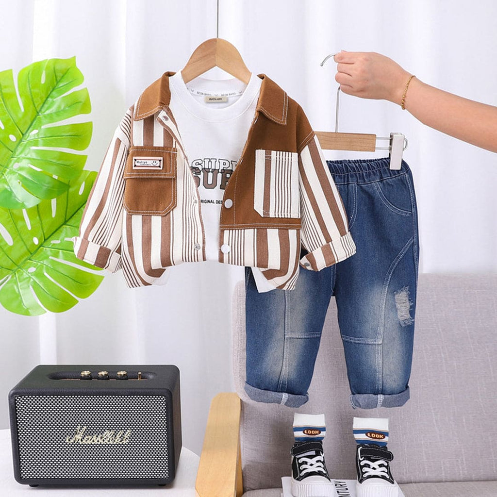 Boys Brown Striped Shirt With T-Shirt and Jeans Set Sets Brown 1-2 Y 