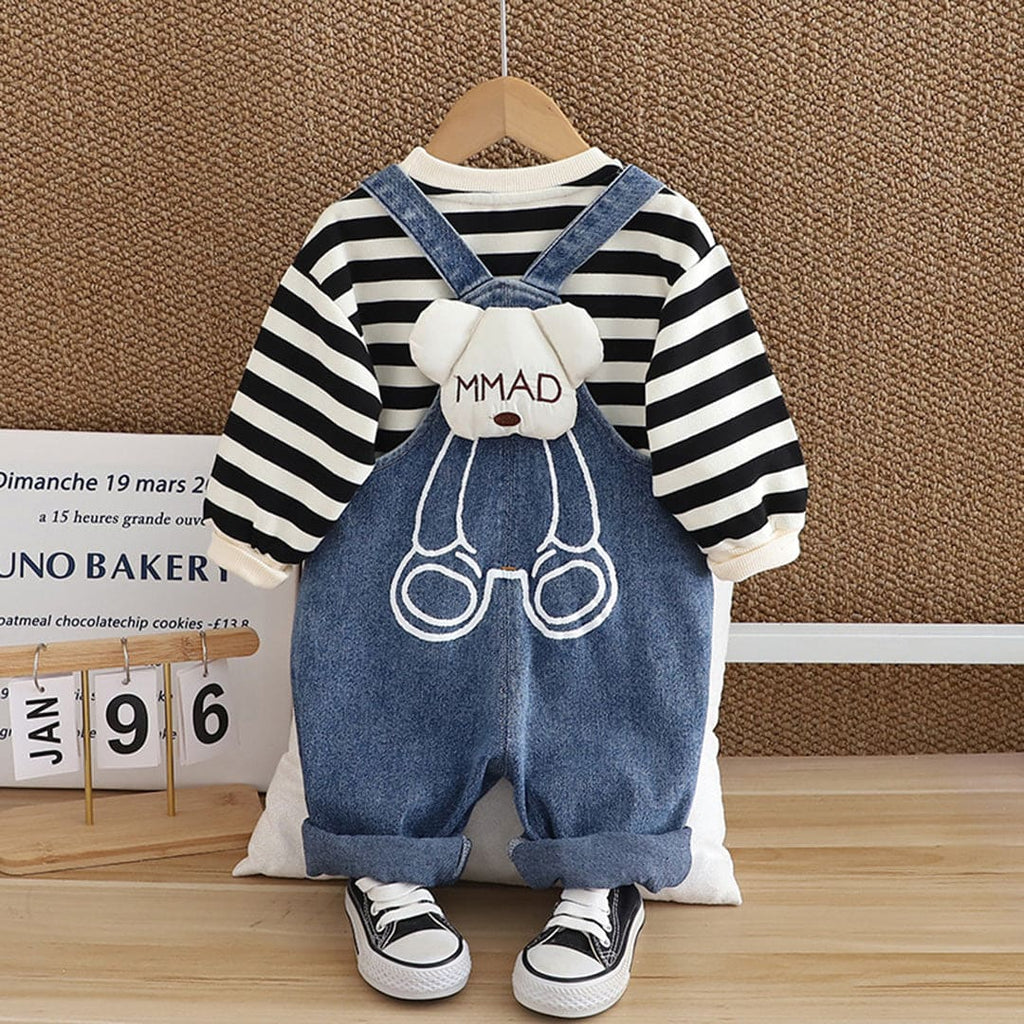 Boys Black Striped Sweatshirt With Denim Dungaree Set Sets Black 1-2 Y 