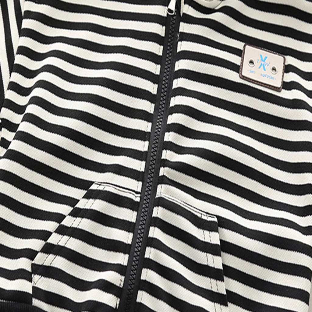 Boys Black Striped Long Hooded Sweatshirt With Denim Trouser Set Sets   