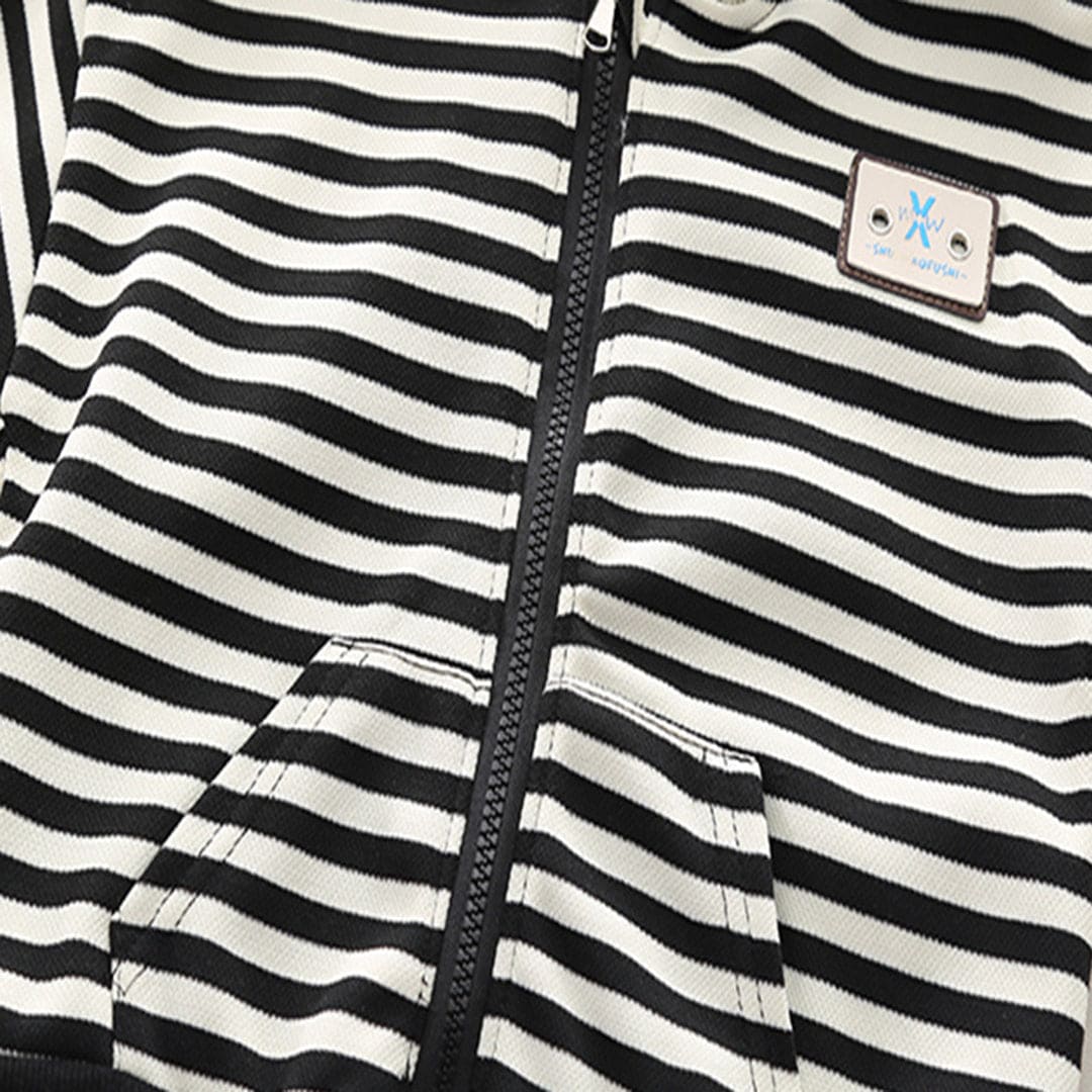 Boys Black Striped Long Hooded Sweatshirt With Denim Trouser Set Sets   