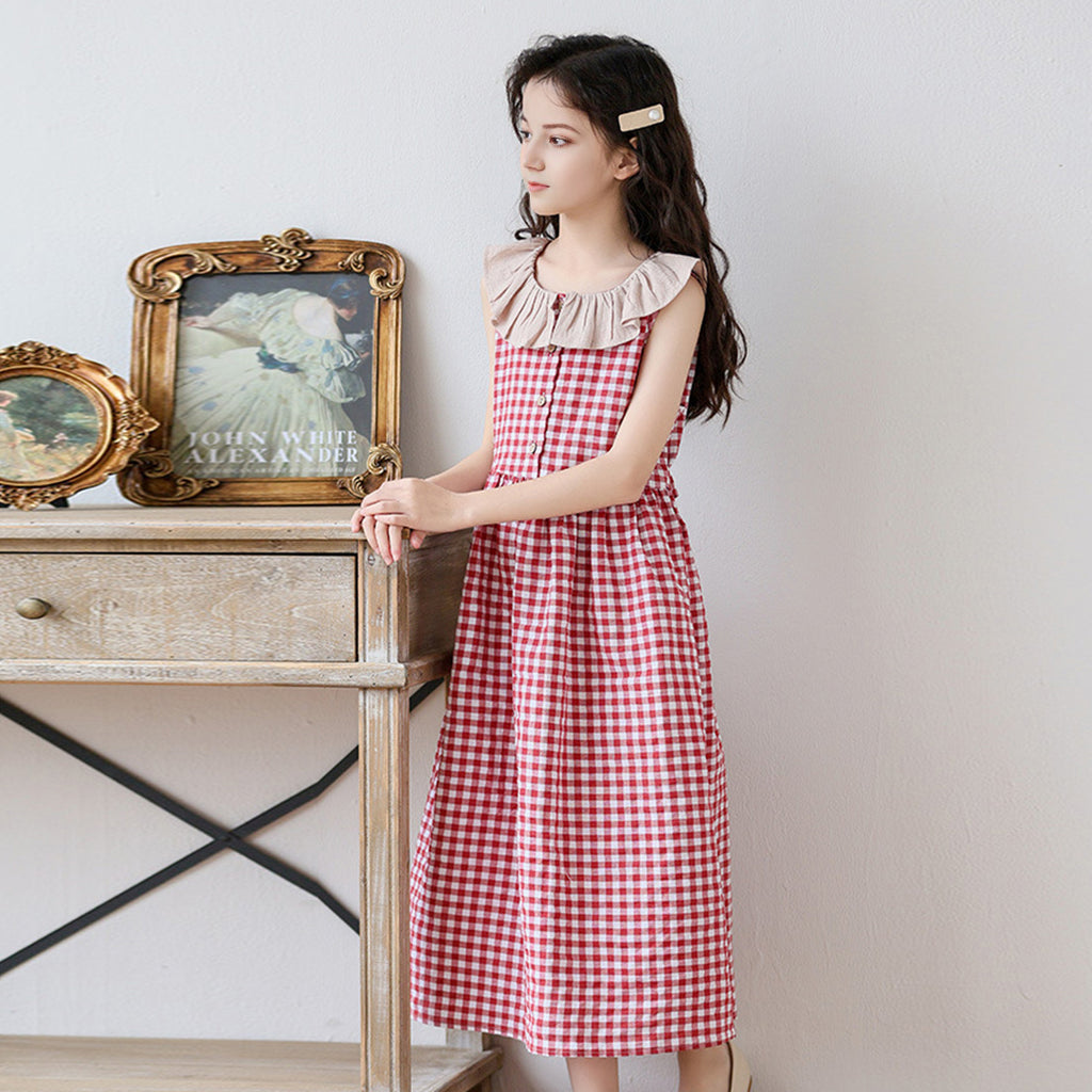 Girls Gingham Check Sleeveless Casual Dress Casual Dresses   