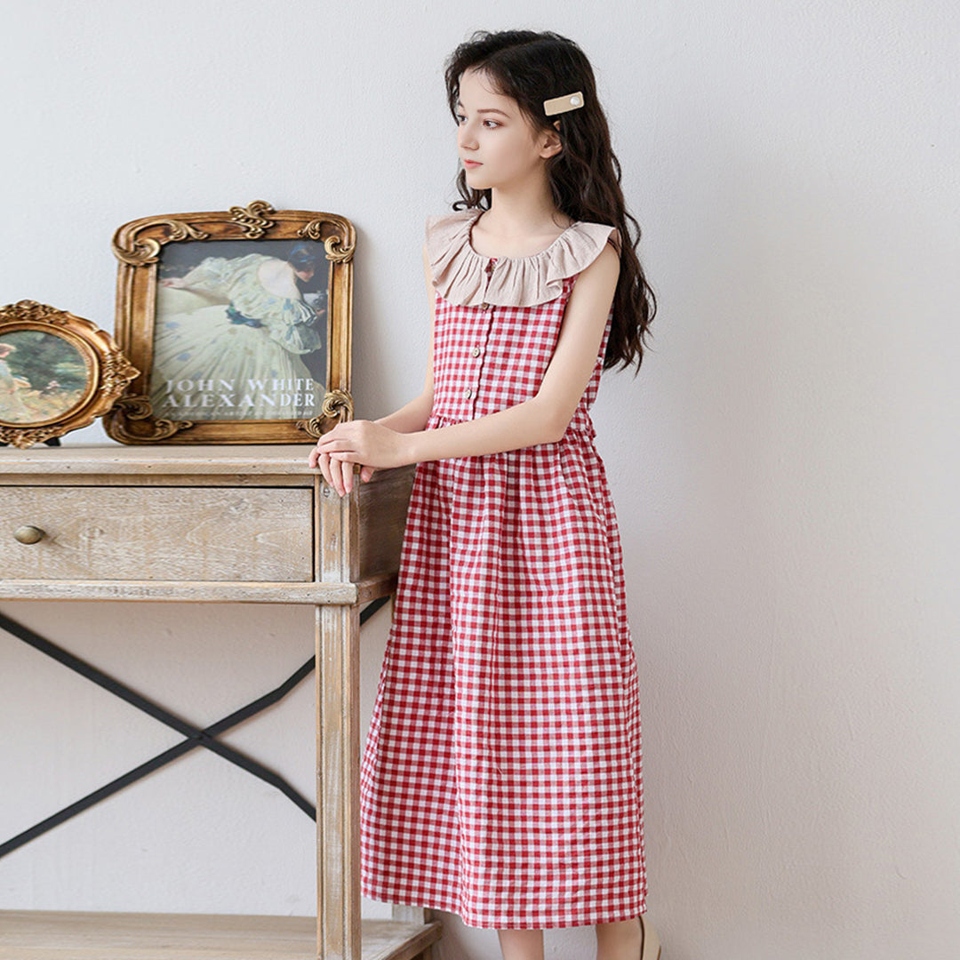 Girls Gingham Check Sleeveless Casual Dress Casual Dresses   