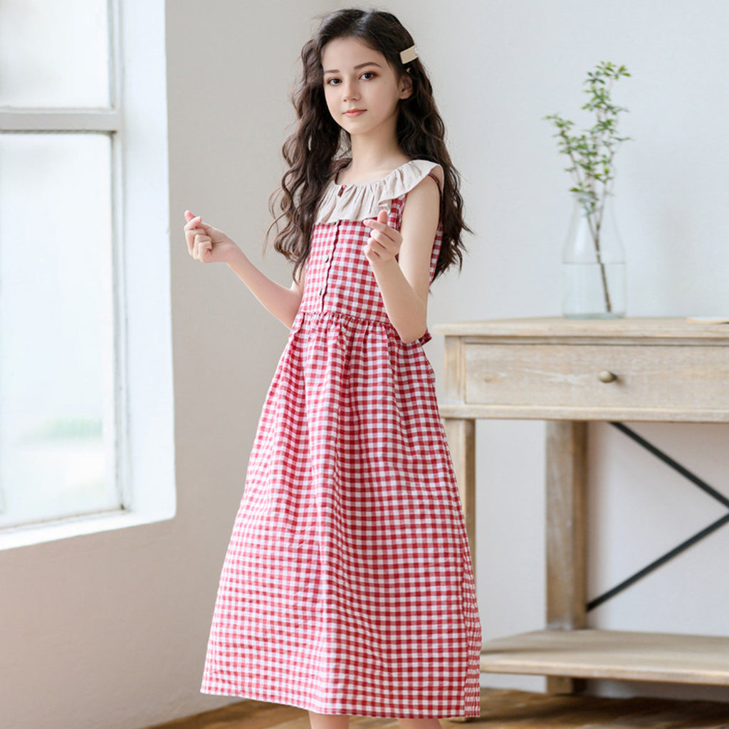Girls Gingham Check Sleeveless Casual Dress Casual Dresses   