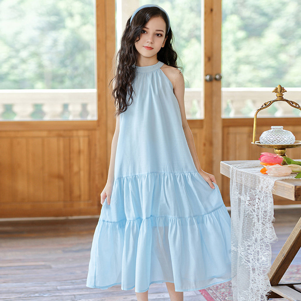 Girls Halter Neck Sleeveless Casual Dress Casual Dresses Blue 6-7 Y 