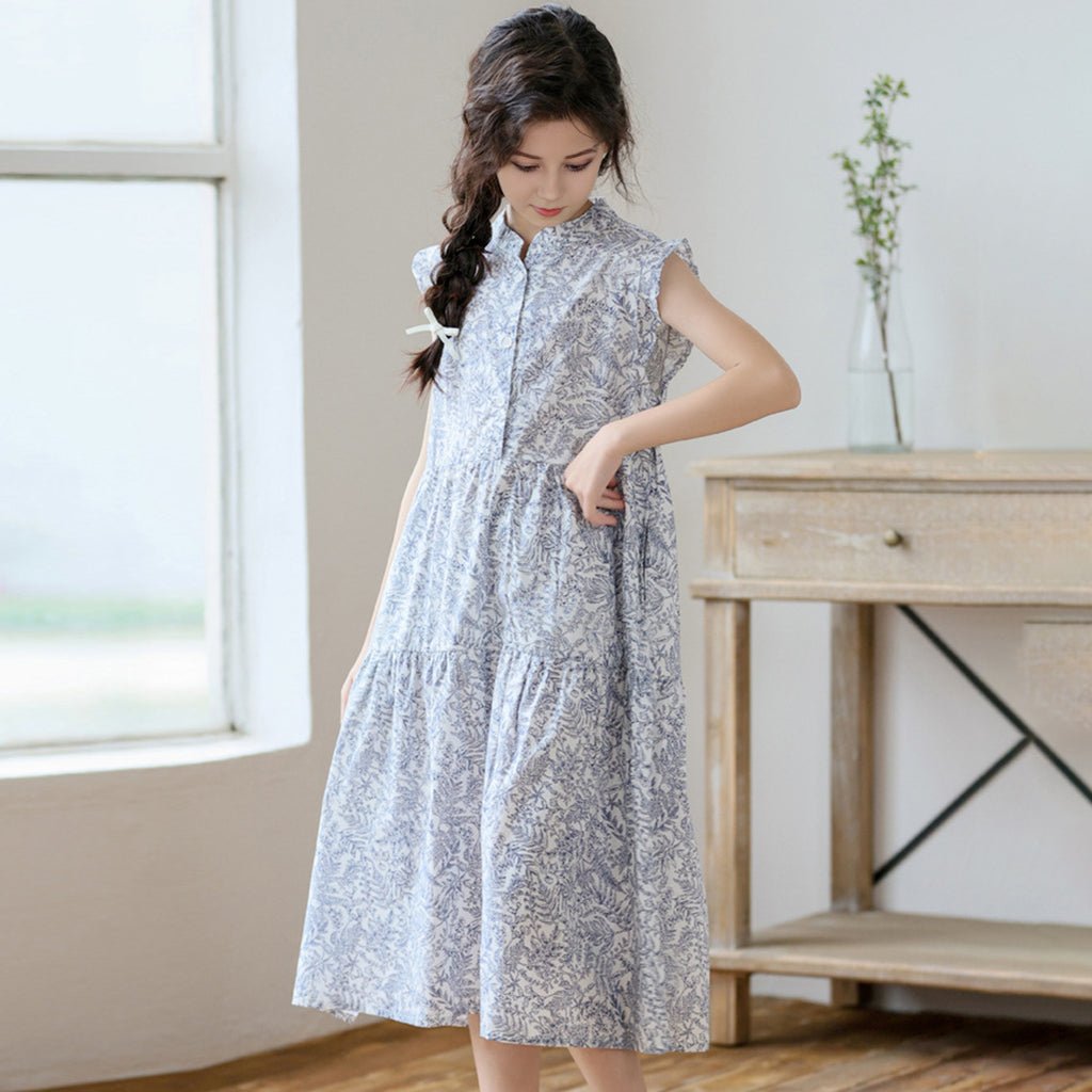 Girls Floral Print Short Sleeves Mandarin Collor Dress Casual Dresses   