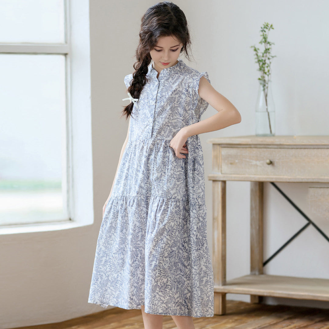 Girls Floral Print Short Sleeves Mandarin Collor Dress Casual Dresses   
